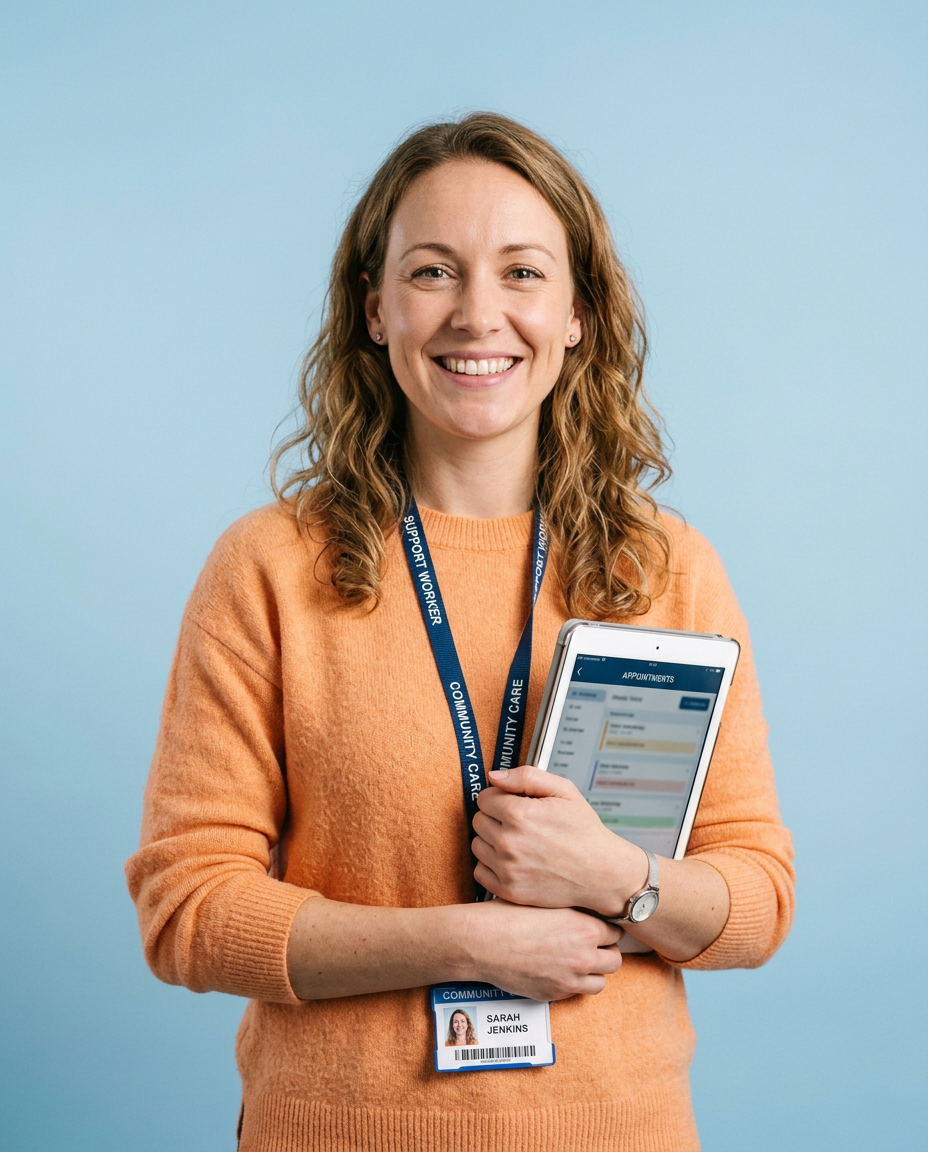 A smiling support worker holding a tablet